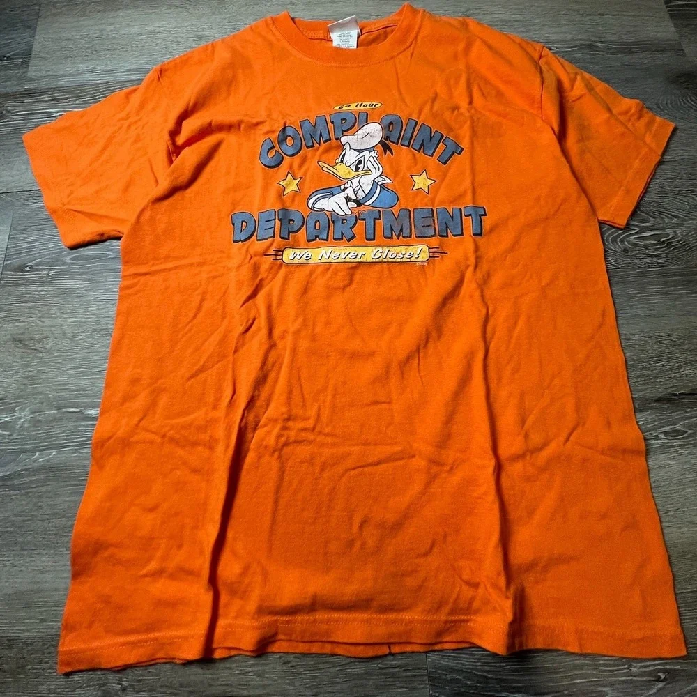 Disney Store Donald Duck T Shirt Mens Large Orange Complaint Department Graphic